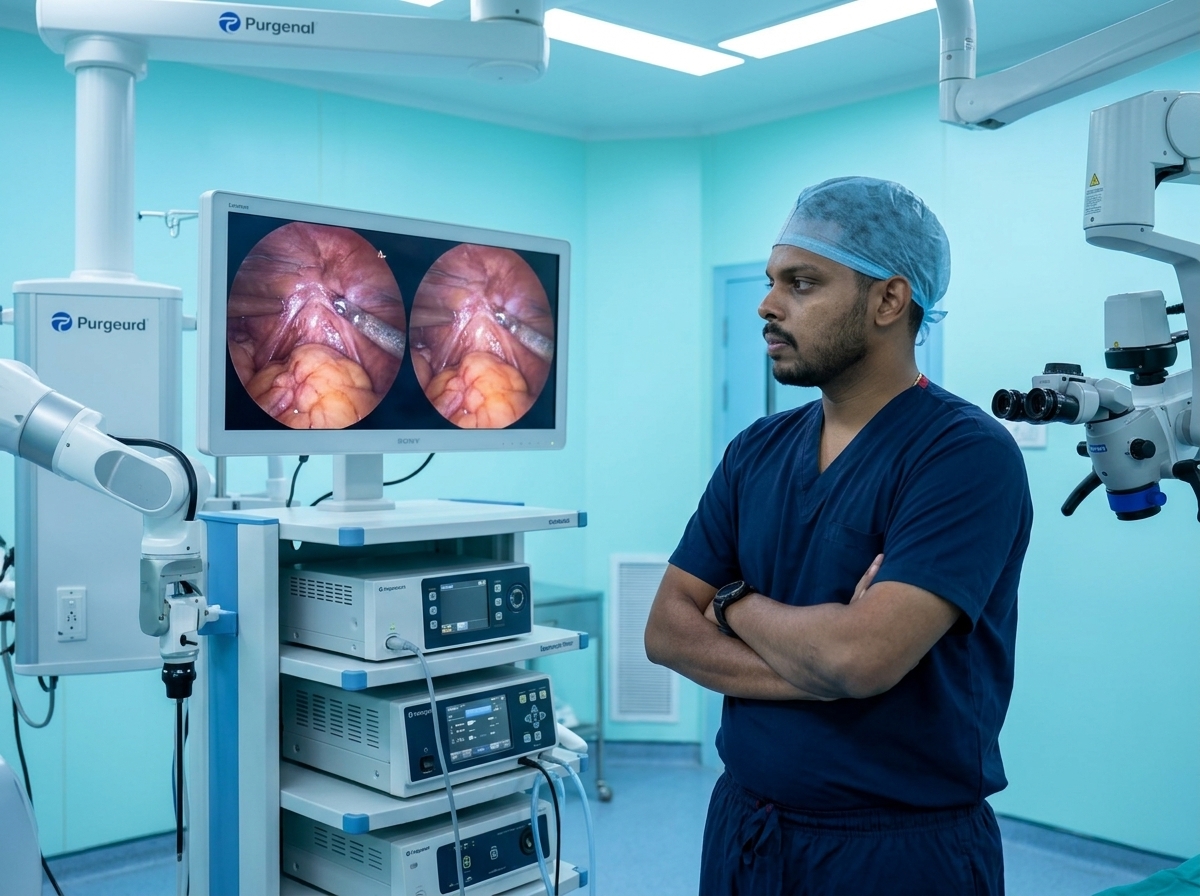 Dr. Ananthu N in the operating theater reviewing laparoscopic monitors